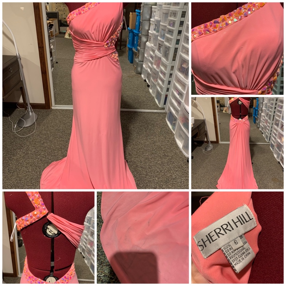 Pink Sherri Hill Prom Evening pageant dress gown size 6 jersey knit bead…
